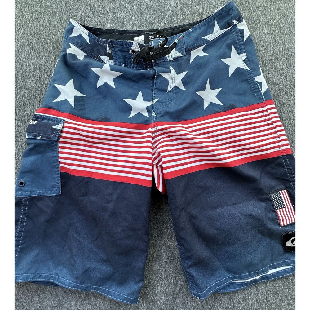 Quiksilver Board Shorts Mens 28 Blue‎ Red Stars Stripes American Flag Pockets